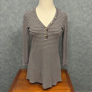 American Eagle‎ Striped Henley Long Sleeve Dress Black Gray Casual V-Neck L/G/G